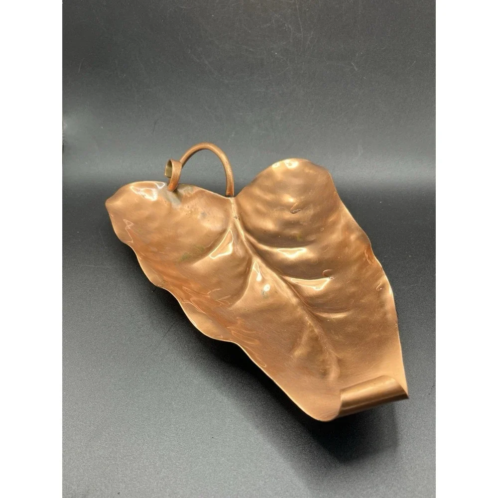 Gregorian Authentic Handmade Solid Copper Leaf Tray Twisted Handle‎ Vtg Decor